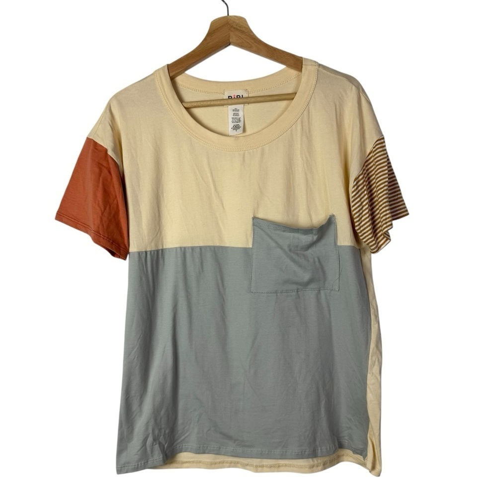 Boutique Bibi Cream & Gray Colorblock Pocket Short‎ Sleeve T-Shirt S